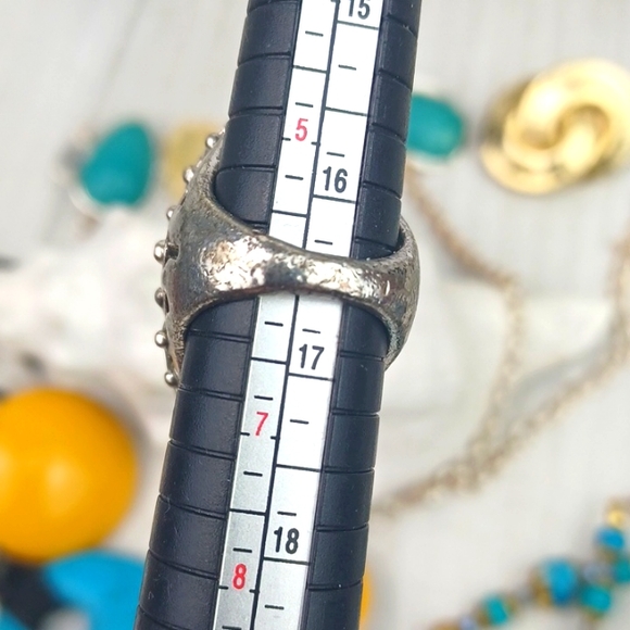 Boho Silver Tone Faux Turquoise Heavily Crafted Cocktail Ring SZ 6 - Picture 4 of 10